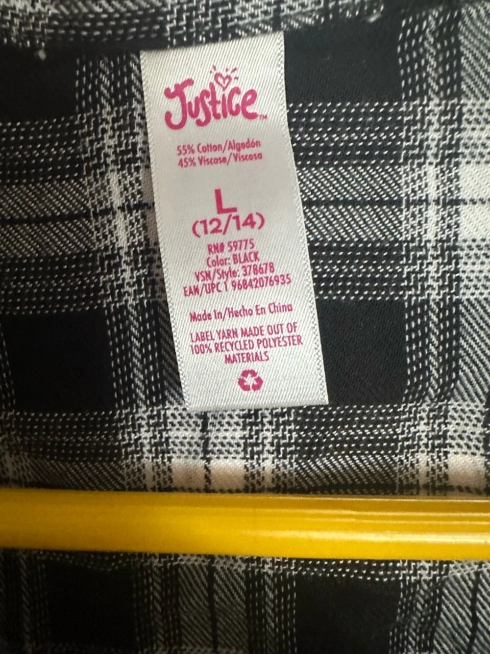 Justice Black & White Plaid Button-Down Shirt with Pink & Yellow Graphic